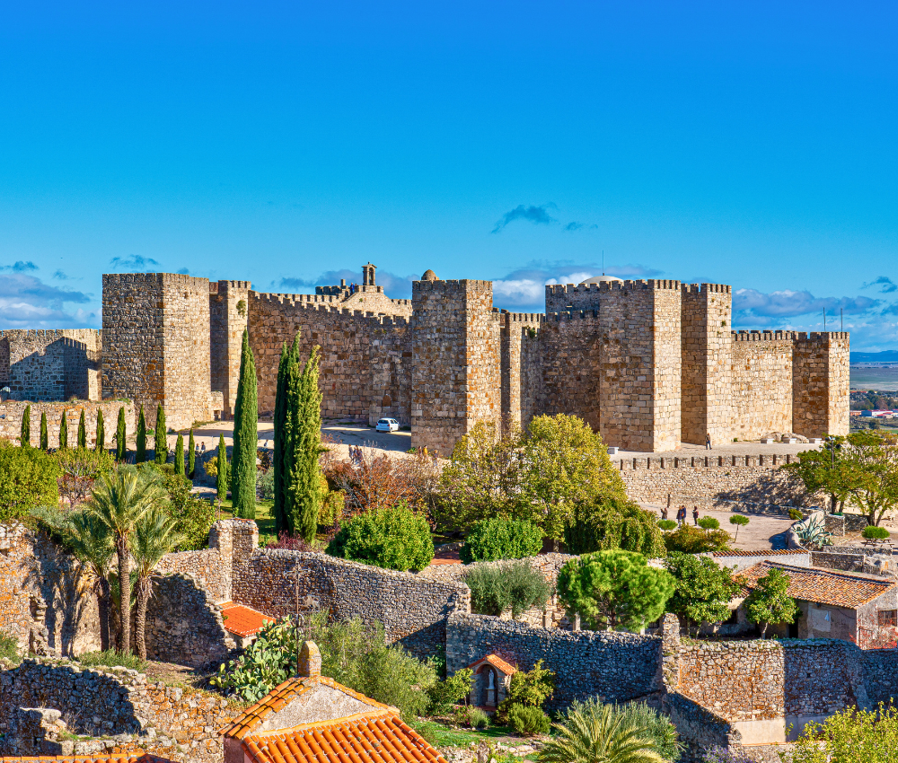 Ancient stone fortress atop a hill in Extremadura, Spain