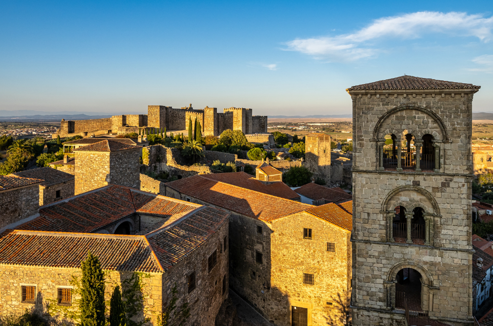 Distant view of Trujillo Castle overlooking Extremadura countryside
