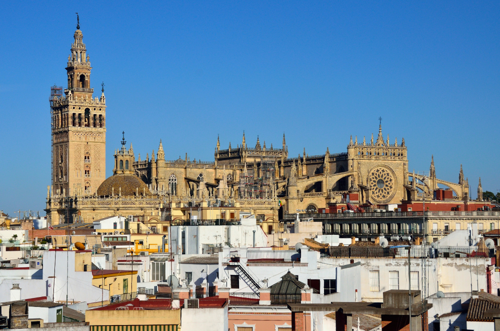 This image depicts the Seville Cathedral, also known as the Catedral de Sevilla, which is one of the largest gothic cathedrals in the world. The cathedral's intricate architecture, with its towering spires and ornate details, dominates the cityscape. Smaller buildings and structures can be seen surrounding the cathedral.