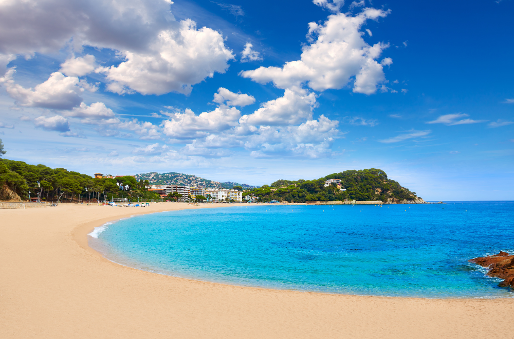 Panoramic view of a wide, sandy beach with turquoise waters and a developed coastline in the background