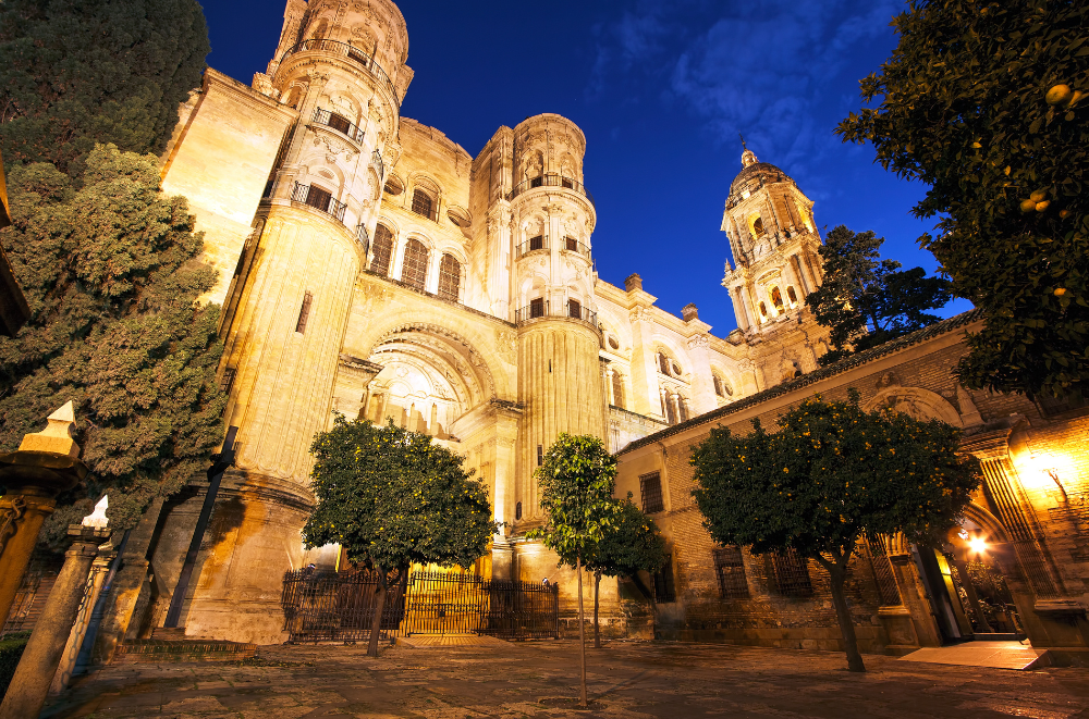 Málaga Cathedral illuminated at night